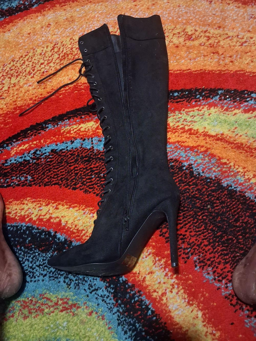Black Knee-High Lace-Up Stiletto Boots Size 10